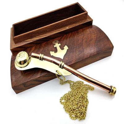 ARTIZANSTORE Collection Nautical Maritime Brass/Copper Boatswain Whistle~Bosun Call Pipe~with Wood Box