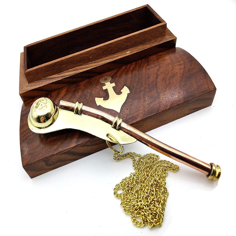 ARTIZANSTORE Collection Nautical Maritime Brass/Copper Boatswain Whistle~Bosun Call Pipe~with Wood Box