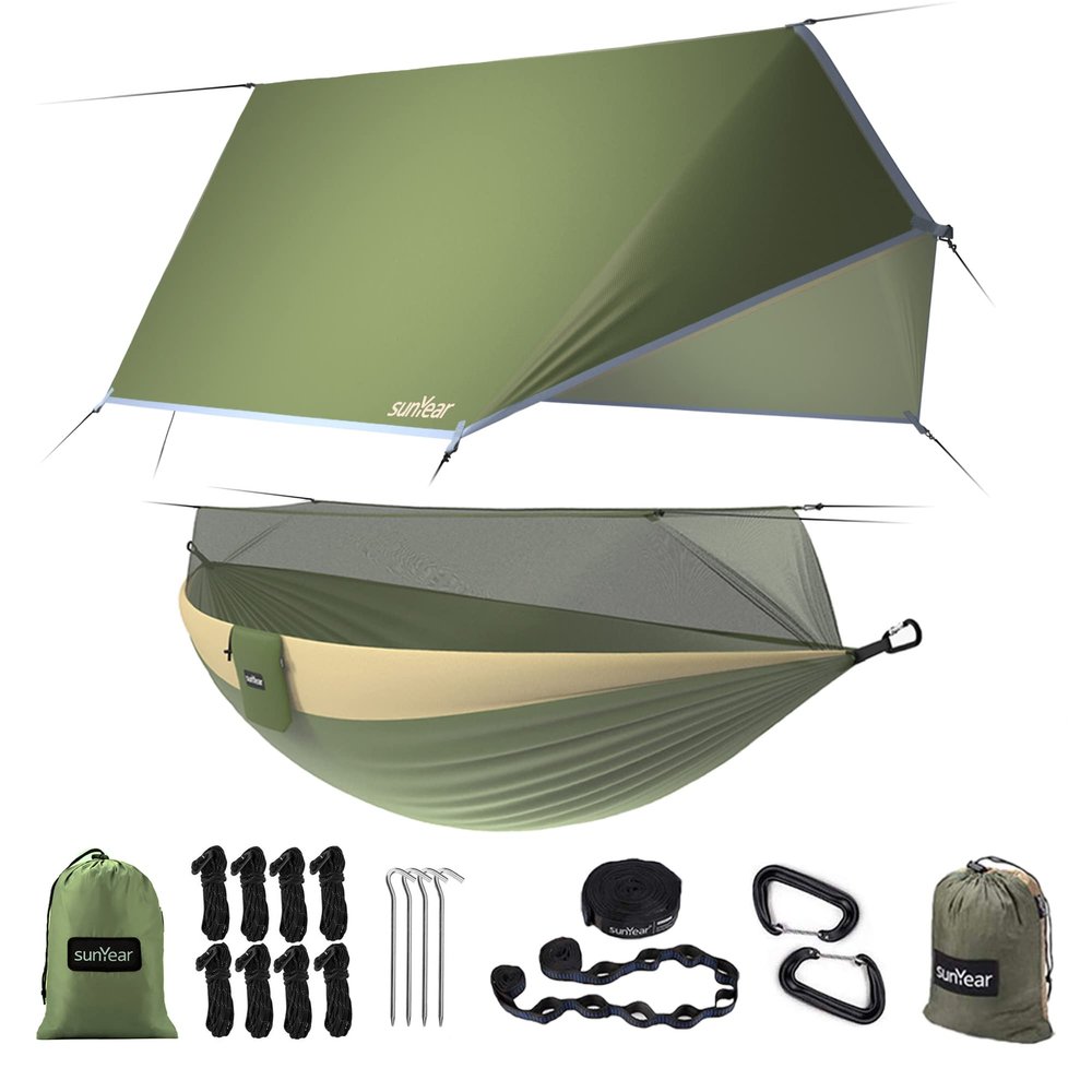 Sunyear Camping Hammock-Hammocks with Net and Rain Fly Tarp - Portable Single&Double Lightweight Nylon Parachute Hammocks with Hammock Tree Straps for Backpacking Hiking Travel Camping Indoor Outdoor
