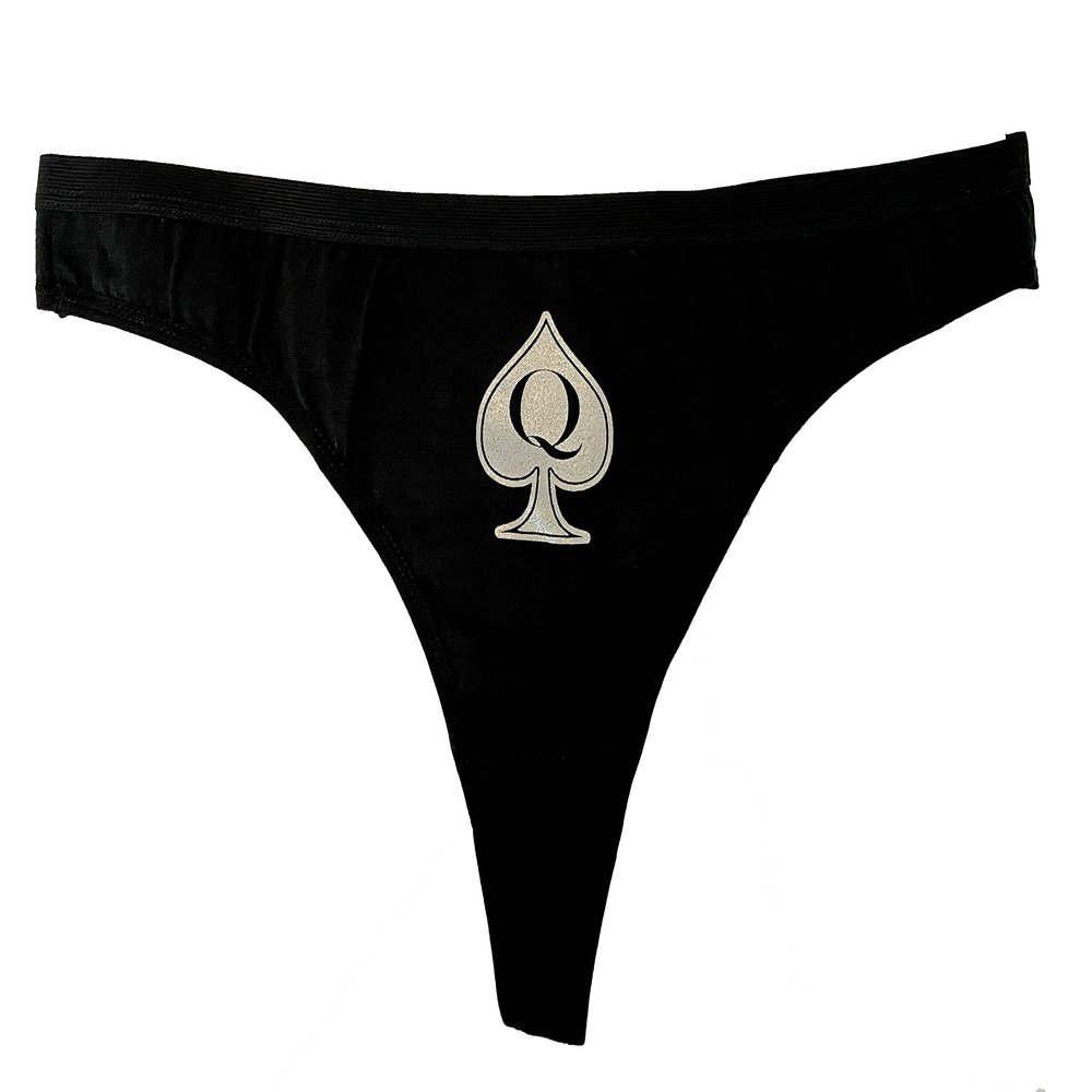 Queen of Spades QoS Thong Panty Spade with Letter Q (X-Large, Black-Silver)