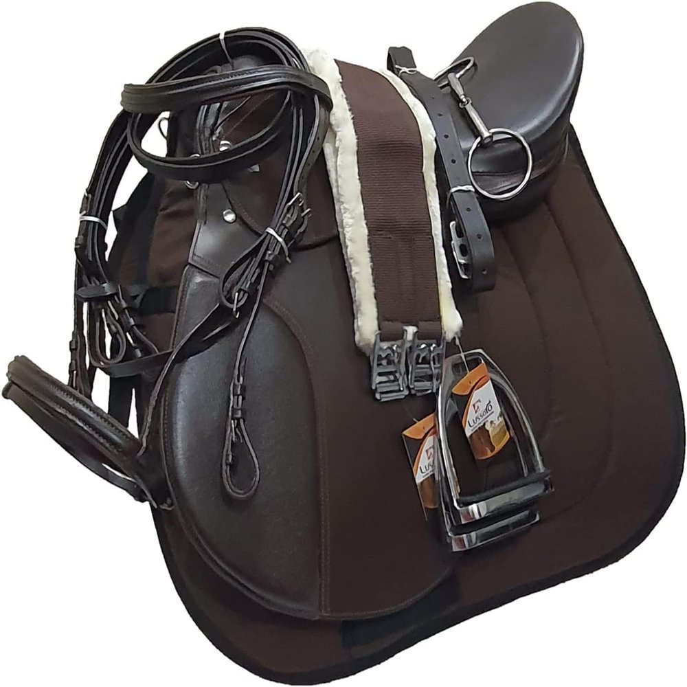 Lussoro Leather English Riding Horse Saddle Starter Kit Brown Saddle Set Combo Pack of 7 Pcs Set All Purpose Saddle Pack (Size-K 16)