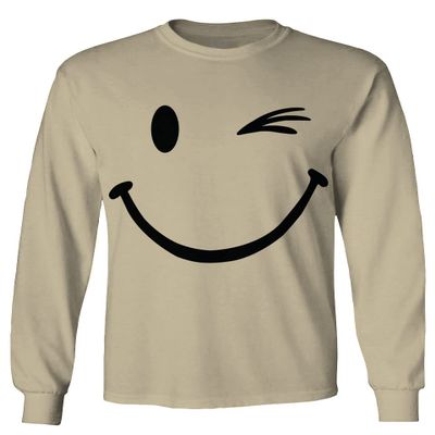 0460. Cute Graphic Happy Funny Winking Smile Smiling face Positive Flirting Men's Long Sleeve t Shirt (Beige X-Large)