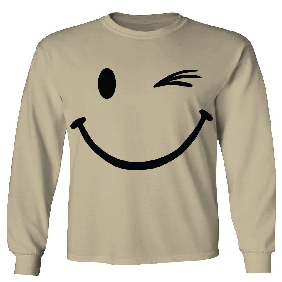0460. Cute Graphic Happy Funny Winking Smile Smiling face Positive Flirting Men's Long Sleeve t Shirt (Beige X-Large)