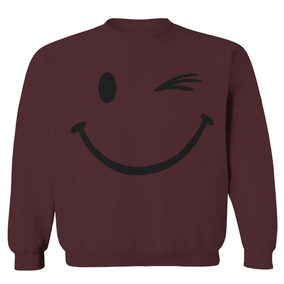 VICES AND VIRTUESS 0460. Cute Graphic Happy Funny Winking Smile Smiling face Positive Flirting Men's Crewneck Sweatshirt (Maroon Large)