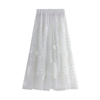 ebossy Womens Elastic High Waist Tutu Tulle Skirt Sweet Embroidery Pleated 3-Layers Mesh Midi Fairy Skirts with Lined(1size,I-White)