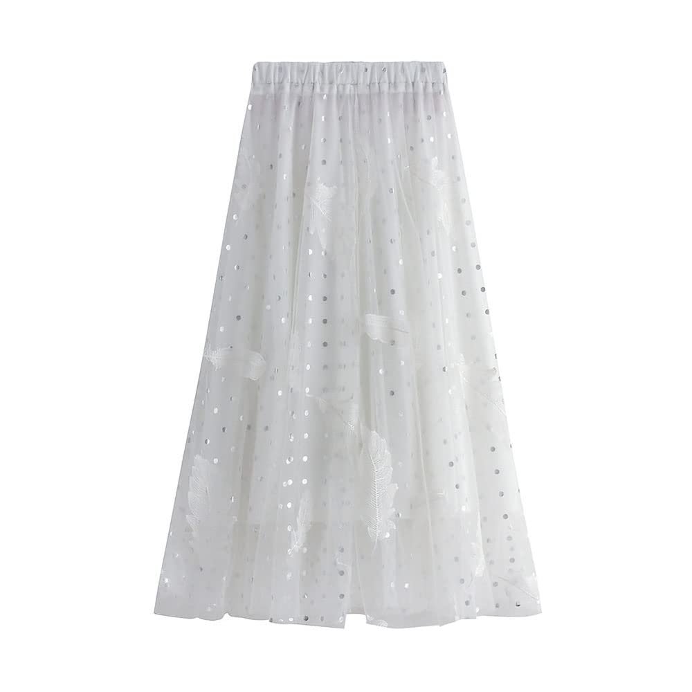 ebossy Womens Elastic High Waist Tutu Tulle Skirt Sweet Embroidery Pleated 3-Layers Mesh Midi Fairy Skirts with Lined(1size,I-White)