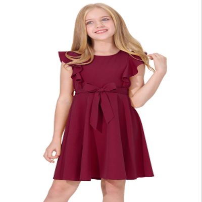 Quedoris Girls Ruffle Trim Sleeveless Belted Dress with Zipper Wine 160Y
