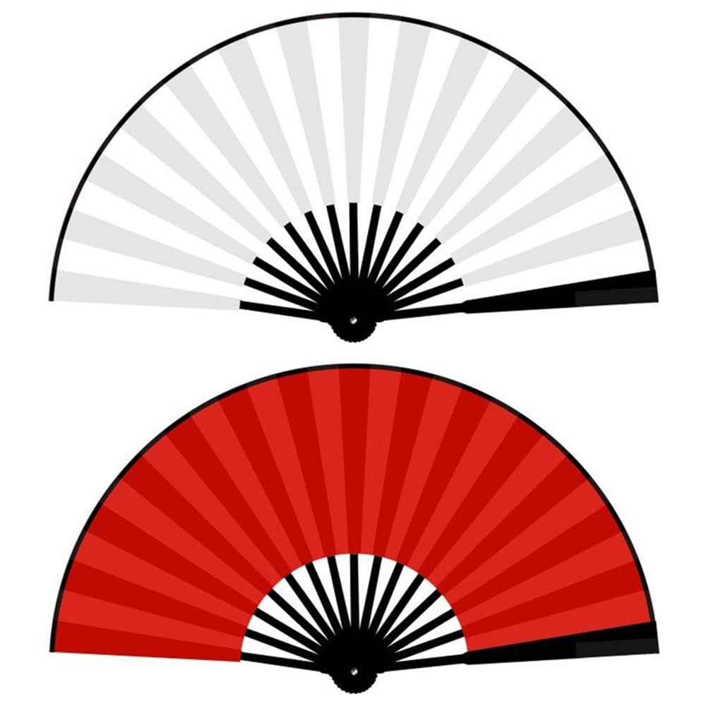 13-inch Rainbow Blank Folding Silk Cloth Fans - Multi-Purpose Dance Fans, Wedding Party Decor & Home Decoration, Crafts Gift for Men and Women (Red White)