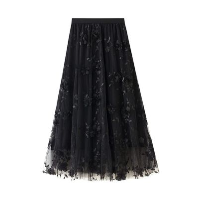 ebossy Womens Elastic High Waist Tutu Tulle Skirt Sweet Embroidery Pleated 3-Layers Mesh Midi Fairy Skirts with Lined(1size,B-Black)