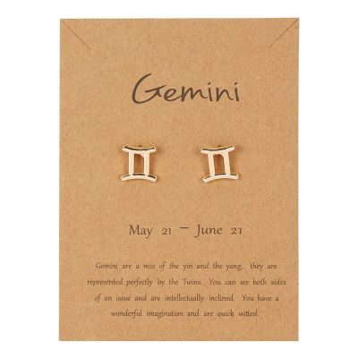 18K Gold Plated Twelve Constellations Stud Earrings with Card Horoscope Zodiac Eardrop Card Packaging Lightweight Tiny Astrology Ear Stud for Women-E Gemini