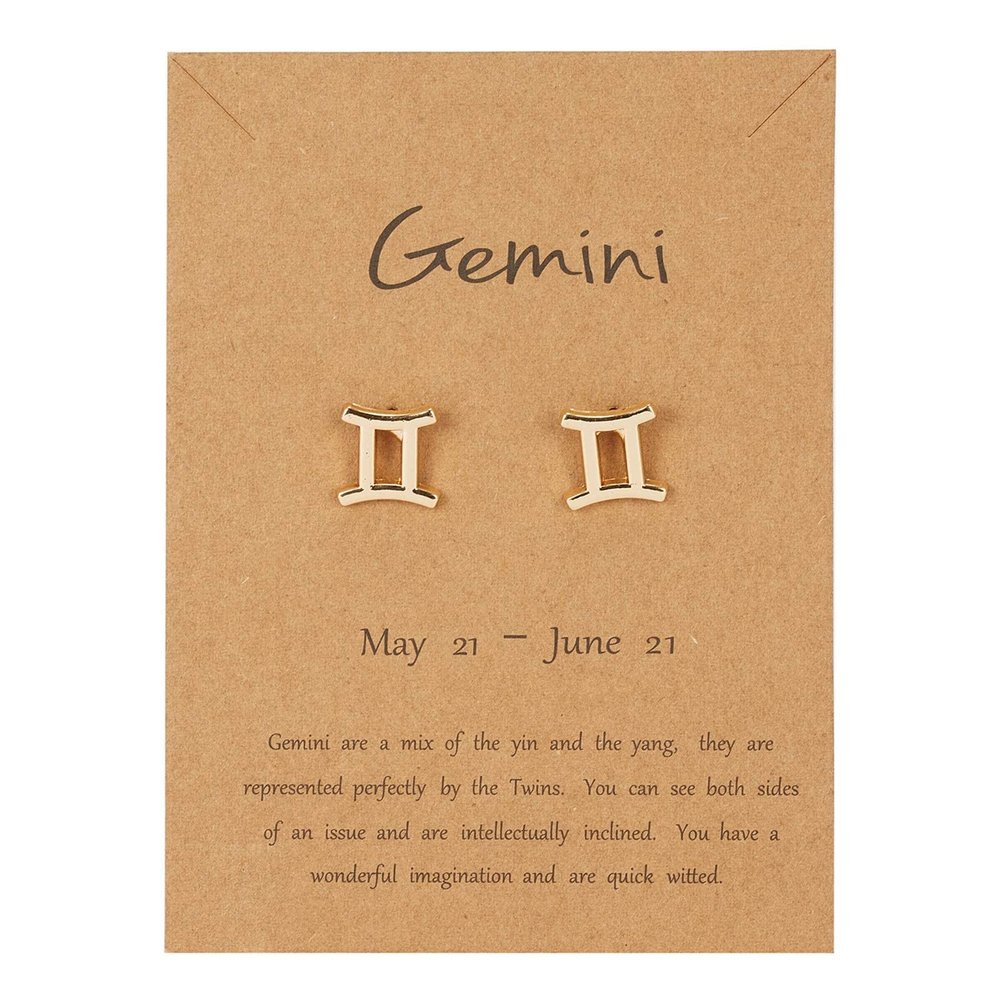 18K Gold Plated Twelve Constellations Stud Earrings with Card Horoscope Zodiac Eardrop Card Packaging Lightweight Tiny Astrology Ear Stud for Women-E Gemini