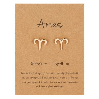 18K Gold Plated Twelve Constellations Stud Earrings with Card Horoscope Zodiac Eardrop Card Packaging Lightweight Tiny Astrology Ear Stud for Women -C Aries