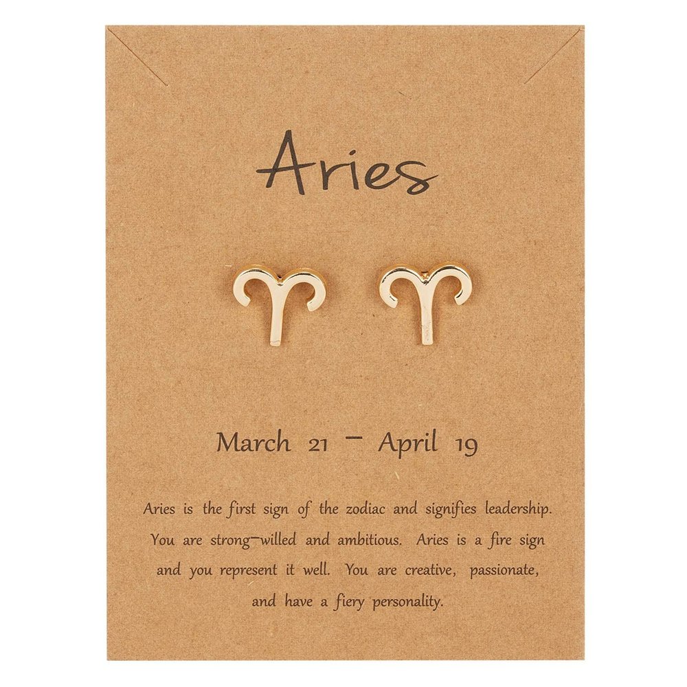 18K Gold Plated Twelve Constellations Stud Earrings with Card Horoscope Zodiac Eardrop Card Packaging Lightweight Tiny Astrology Ear Stud for Women -C Aries