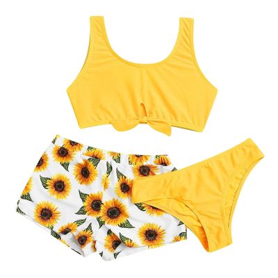 POLG Kids Girls 3 Piece Tankini Swimsuits Sunflower Print Bikini Bathing Suit with Briefs 8-12 Years Girls Bikini Swimsuit (A-Yellow, 11-12 Years)