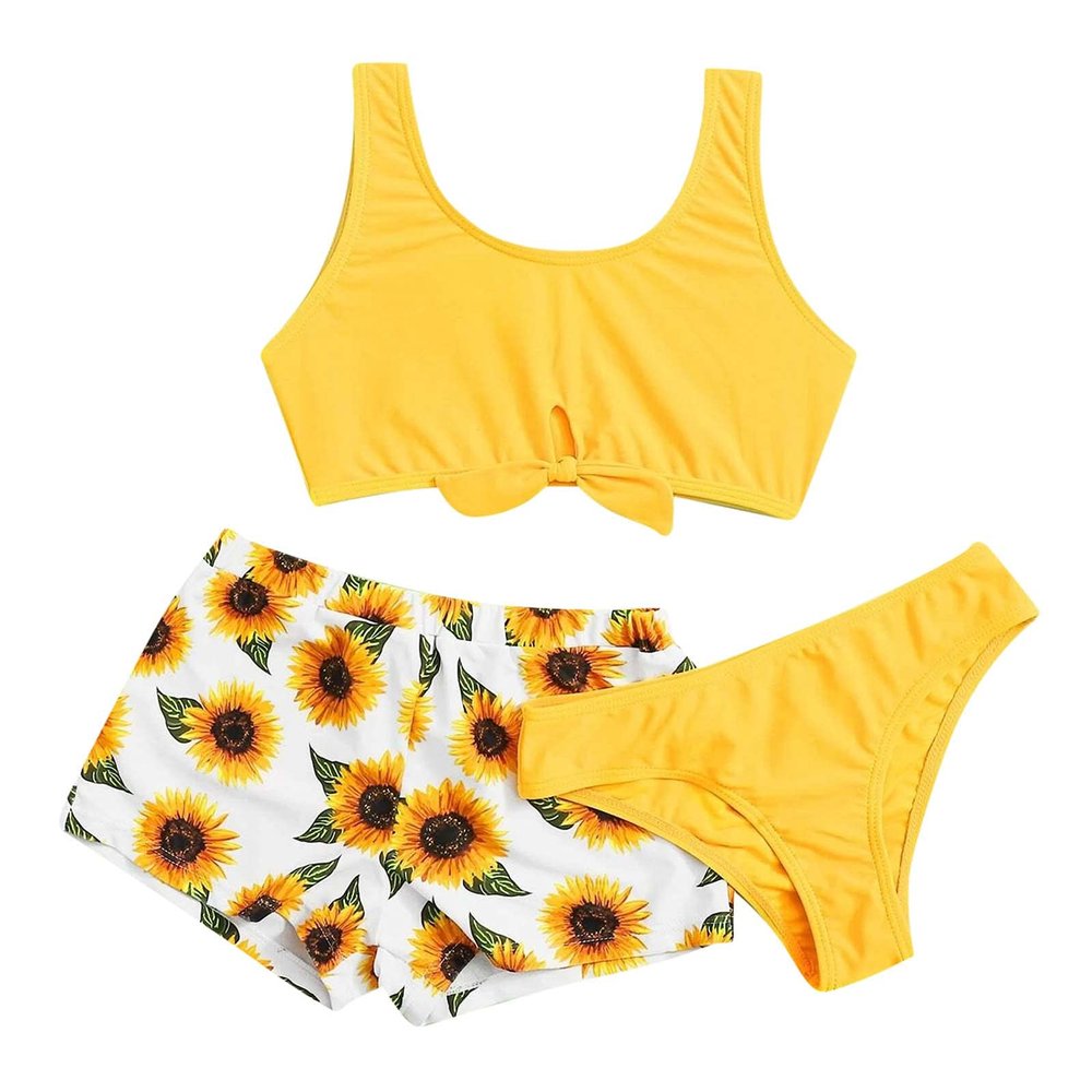 POLG Kids Girls 3 Piece Tankini Swimsuits Sunflower Print Bikini Bathing Suit with Briefs 8-12 Years Girls Bikini Swimsuit (A-Yellow, 11-12 Years)