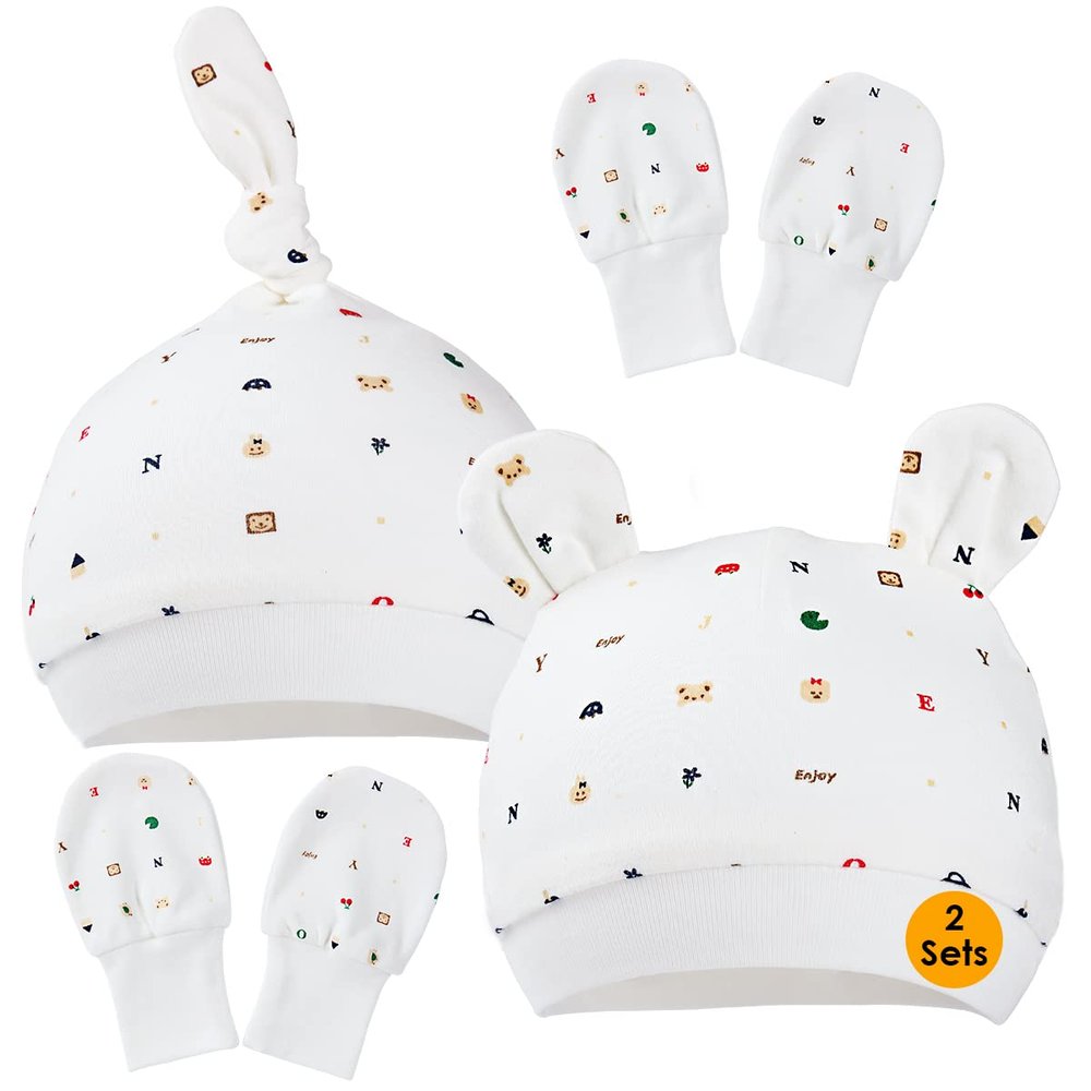 2 Sets Newborn Baby Caps and Scratch Mittens Gloves, Beanie Hat and Mittens for 0-6 Months