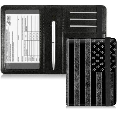Passport and Vaccine Card Holder Combo with RFID Signal Block, Black American Flag Design PU Leather Credit Card Holder Wallet Cover, with CDC Vaccination Card Protector Slot & Metal Pen