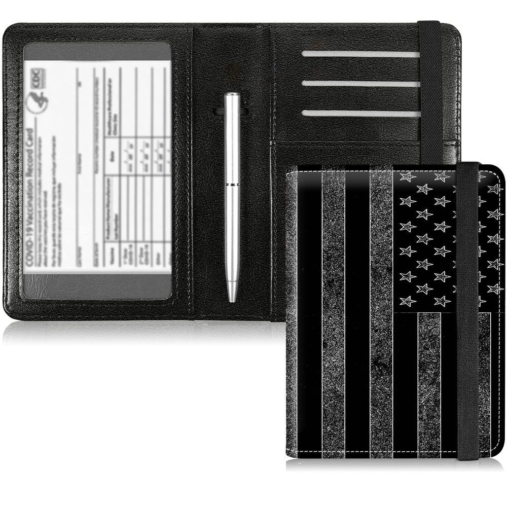 Passport and Vaccine Card Holder Combo with RFID Signal Block, Black American Flag Design PU Leather Credit Card Holder Wallet Cover, with CDC Vaccination Card Protector Slot & Metal Pen