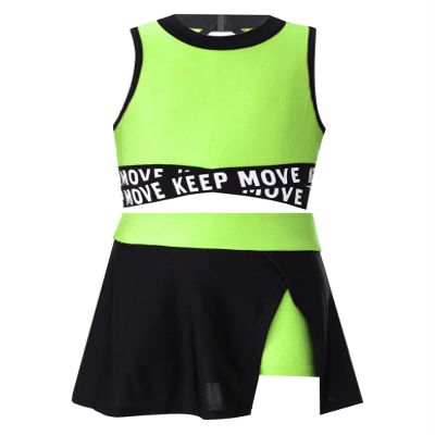 Loloda Girls' Letter Print Sport Dance Outfit Criss-Cross Back Crop Top and Athletic Shorts Dancewear B&Fluorescent_Green 4 Years