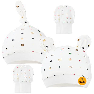 2 Sets Baby Hat and Mittens, Caps and Gloves, Beanie for Girls Boys (6-12 Months)