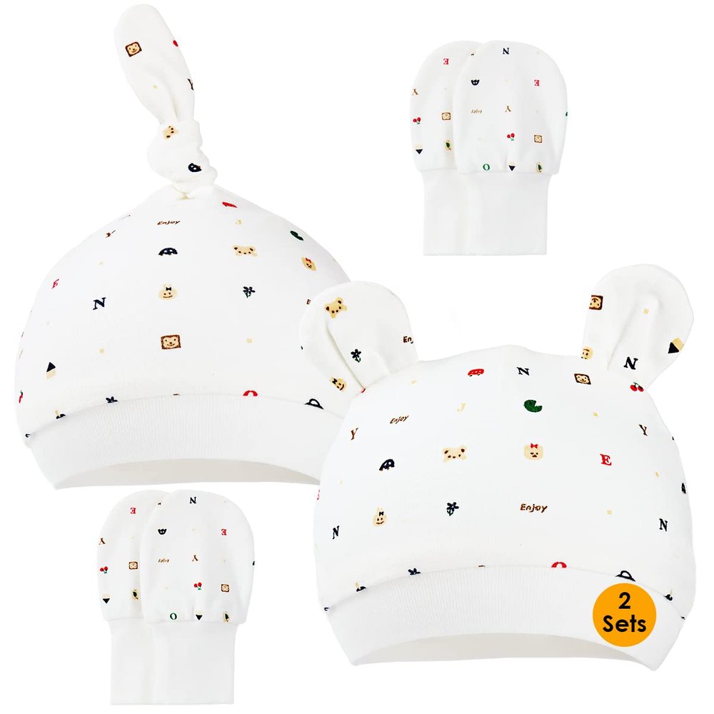 2 Sets Baby Hat and Mittens, Caps and Gloves, Beanie for Girls Boys (6-12 Months)