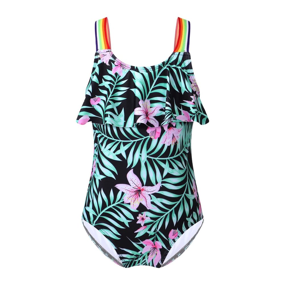 Yihuimin Girls One Piece Swimsuit Rainbow Straps Ruffle Cartoon Printed Bathing Suit Hawaii Beachwear Green Lily 6 Years