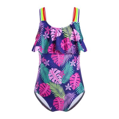 Yihuimin Girls One Piece Swimsuit Rainbow Straps Ruffle Cartoon Printed Bathing Suit Hawaii Beachwear Navy Blue 4 Years
