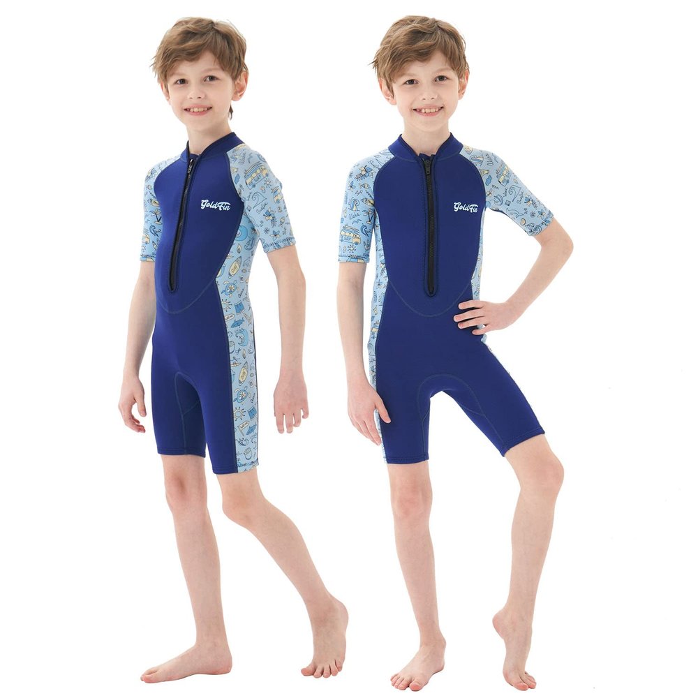 Goldfin Kids Wetsuits for Boys Girls, 2mm Toddler Shorty Wetsuit Youth Neoprene Suit Front Zip Keep Warm for Water Aerobics Diving Surfing Swimming