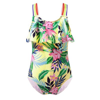 Yihuimin Girls One Piece Swimsuit Rainbow Straps Ruffle Cartoon Printed Bathing Suit Hawaii Beachwear Yellow 4 Years