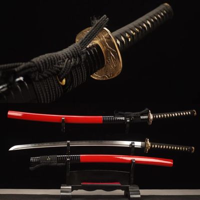 HERO SWORD-Handmade Clay Tempered Folded Steel Katana Red Black Japanese Samurai Sword Razor Sharp Copper Tsuba