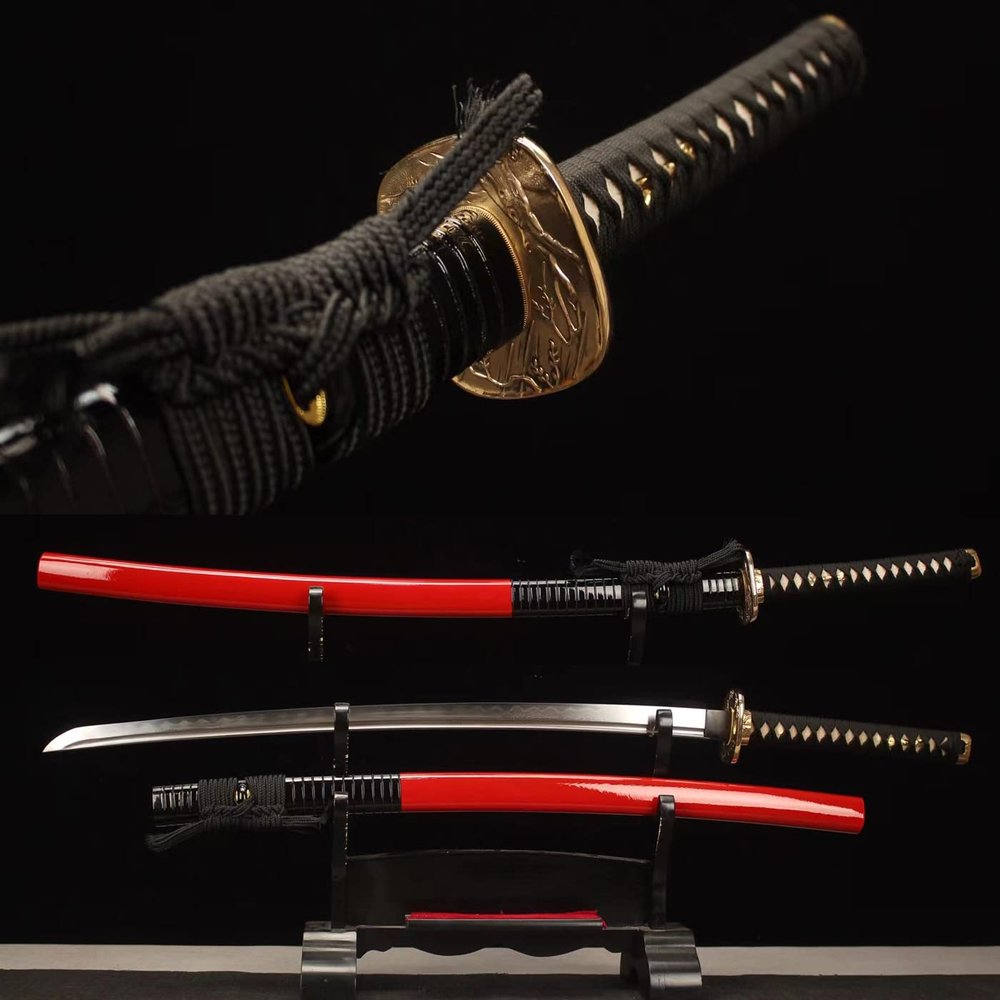 HERO SWORD-Handmade Clay Tempered Folded Steel Katana Red Black Japanese Samurai Sword Razor Sharp Copper Tsuba