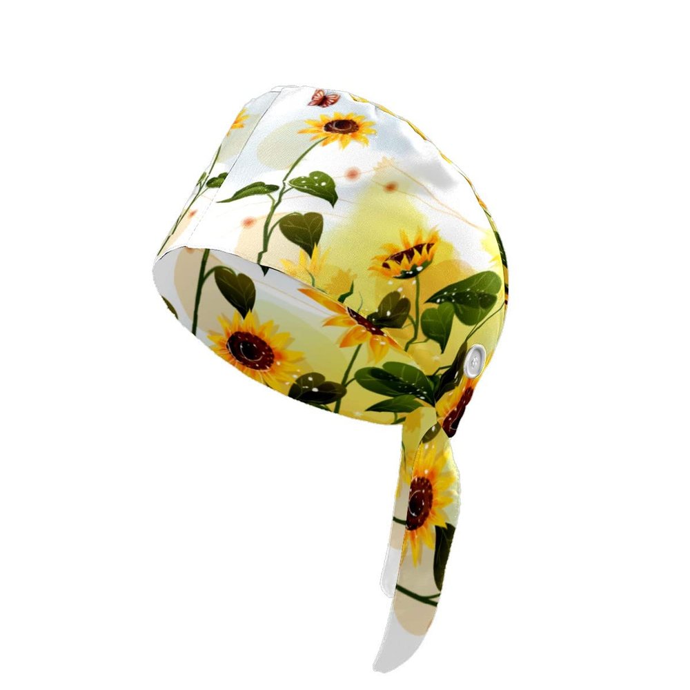 Sunflower with Butterfly Womens Working Cap with Cotton Sweatband Bouffant Caps Adjustable Elastic Head Cover Hair Tie Back Work Hats Working Scrub Cap for Men One Size