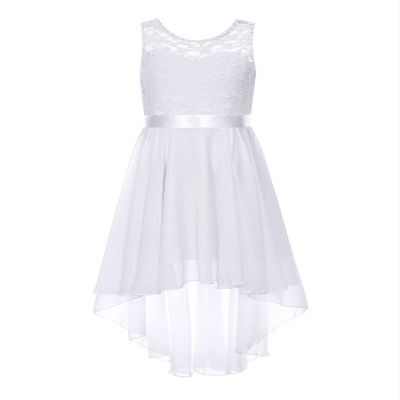 RUNQHUI Kids Flower Girls Chiffon High Low Junior Bridesmaid Dress Floral Lace Wedding Pageant Party Dresses White 6 Years