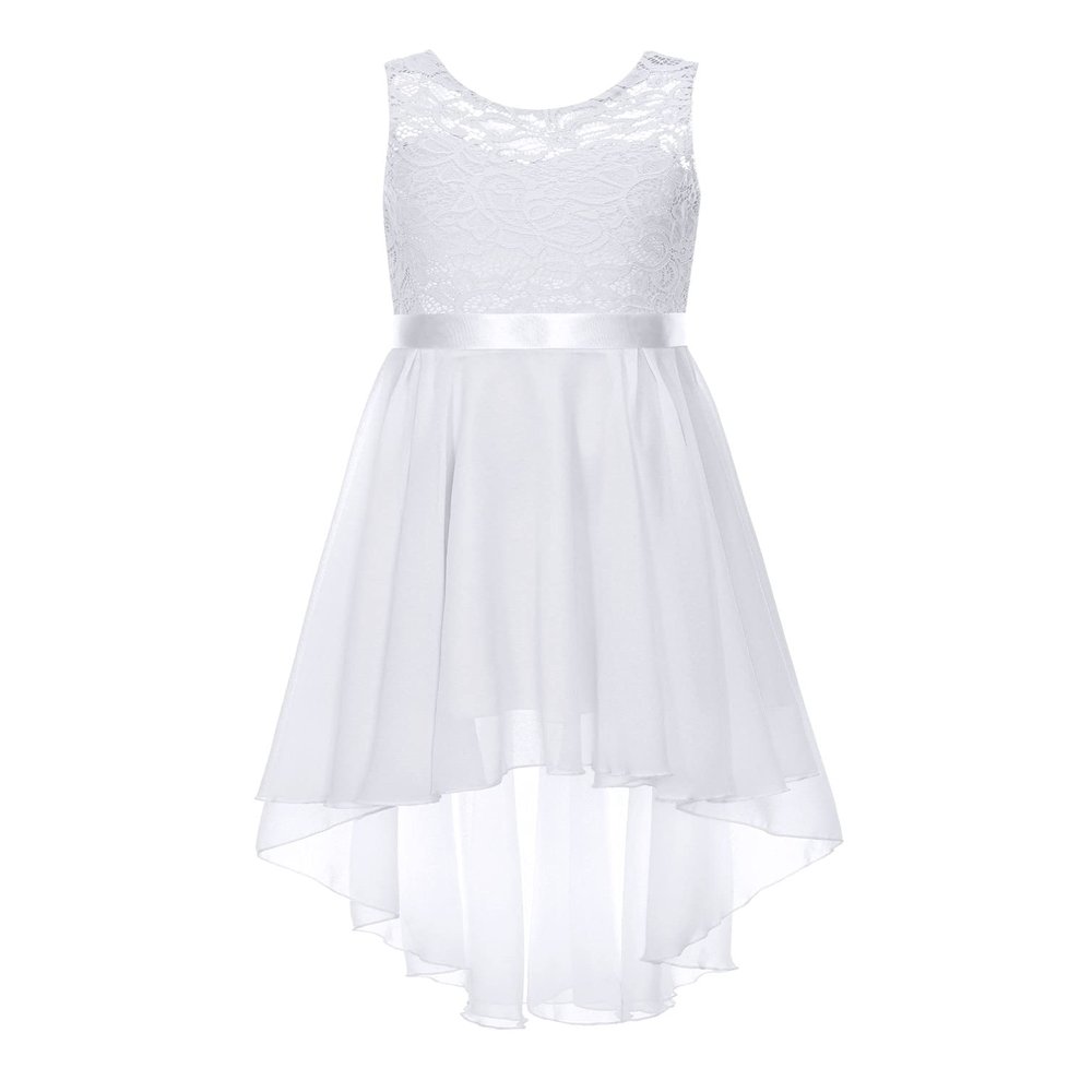 RUNQHUI Kids Flower Girls Chiffon High Low Junior Bridesmaid Dress Floral Lace Wedding Pageant Party Dresses White 6 Years