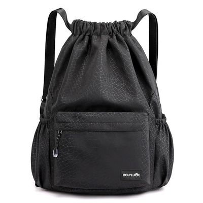 HOLYLUCK Drawstring Backpack Sports Gym Bag Water Resistant String Bag Cinch Sackpack with Side Zipper Pocket for Shopping Sport Yoga -black