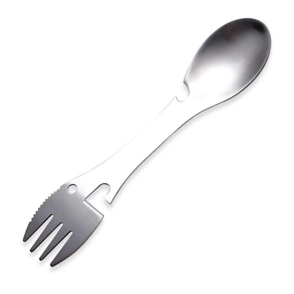5 in 1 Sporks Stainless Steel Camping, Spoon Fork Knife Combo with Bottle Can Opener, Multifunctional Travel Utensil for Outdoor Backpacking, Hiking, Hunting, Fishing (Silver)