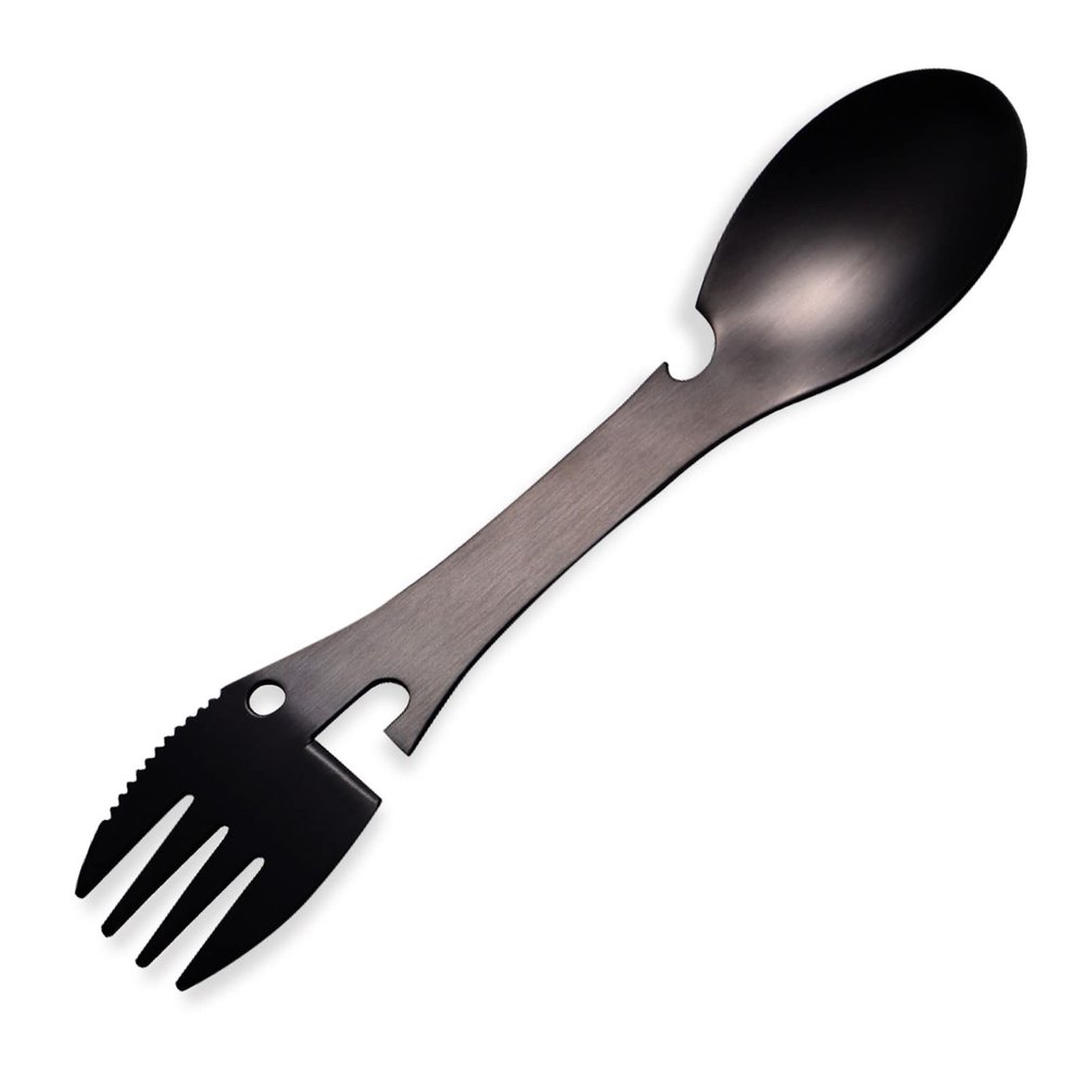 5 in 1 Sporks Stainless Steel Camping, Spoon Fork Knife Combo with Bottle Can Opener, Multifunctional Travel Utensil for Outdoor Backpacking, Hiking, Hunting, Fishing (Black)