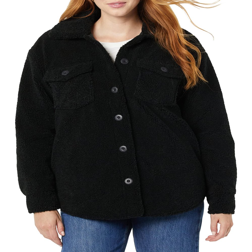 Amazon Essentials Women's Oversized Teddy Sherpa Shirt Jacket, Black, Medium