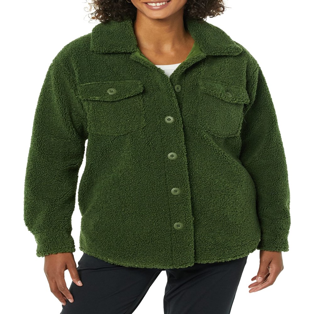 Amazon Essentials Women's Oversized Teddy Sherpa Shirt Jacket, Olive, X-Small