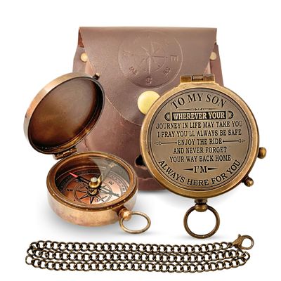 ANTIQUANA Brass Compass Unique Print To My Son Compass With Leather Case Antique Brass Compass With Chain A Great Gift Item For Your Loved Ones Hikers And Traveler By , Brown, 50 Mm X 18 Mm