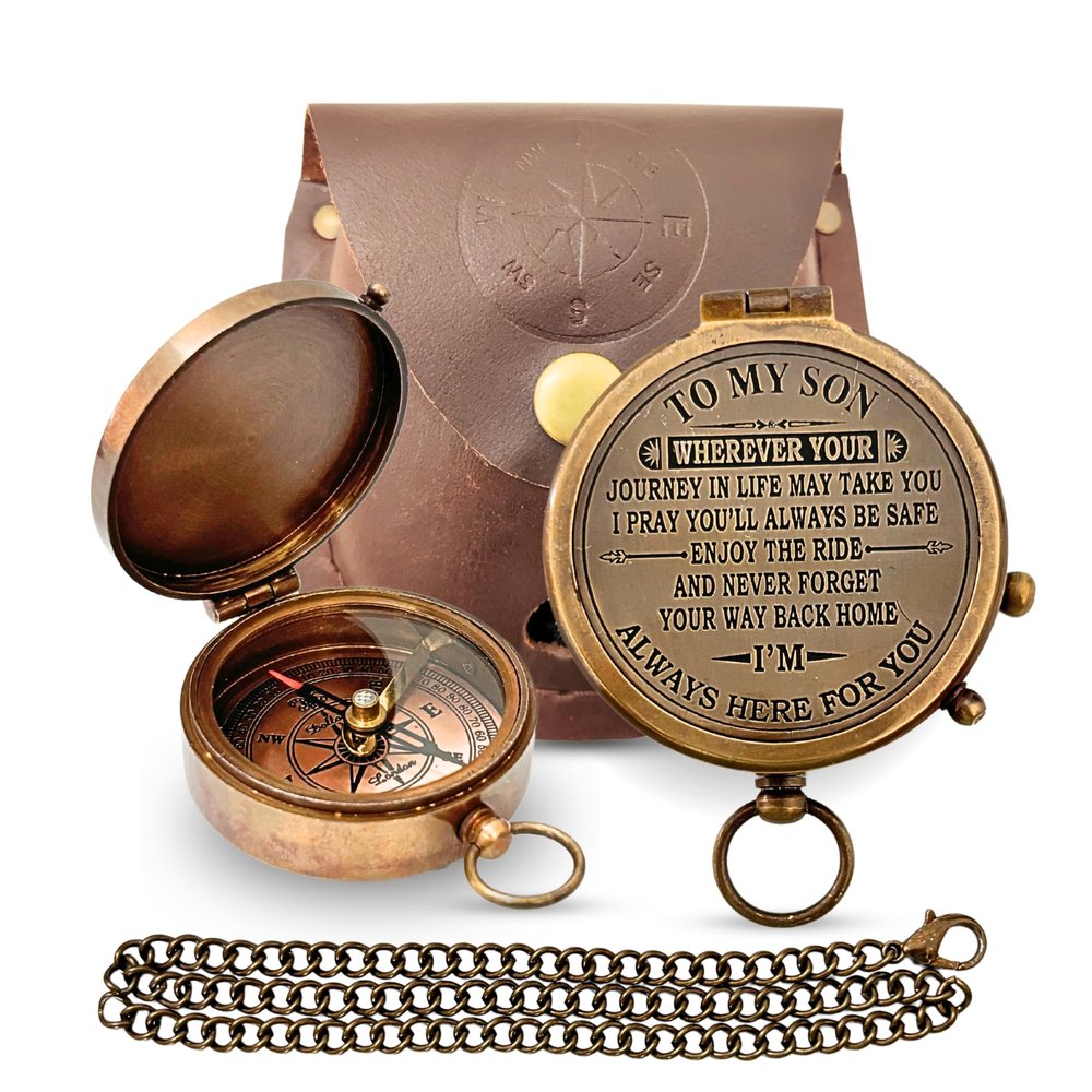 ANTIQUANA Brass Compass Unique Print To My Son Compass With Leather Case Antique Brass Compass With Chain A Great Gift Item For Your Loved Ones Hikers And Traveler By , Brown, 50 Mm X 18 Mm