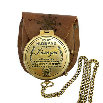 ANTIQUANA Brass Compass Unique Print To My Husband Compass With Leather Case Antique Brass Compass With Chain A Great Gift Item For Your Loved Ones Hikers And Traveler By