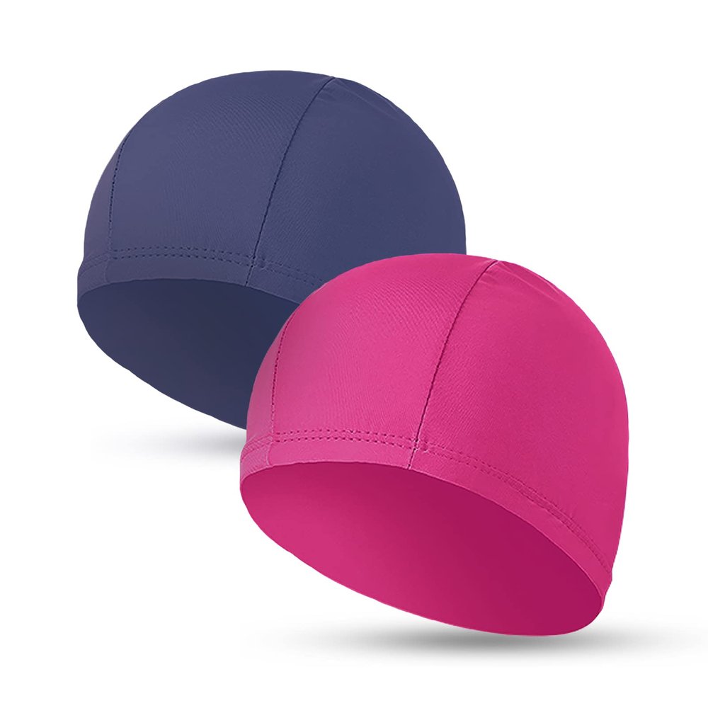 2pcs Cloth Swim Caps for Both Women & Men & Kids Fabric Durable Non-Waterproof Elastic Swimming Pool Cap Bathing Cap for Long and Short Hair (Rose Red & Dark Bule)