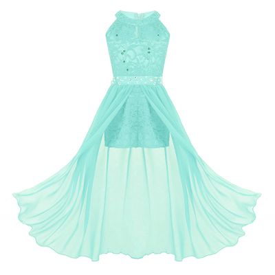 RUNQHUI Kids Girls Sleeveless Floral Lace Shiny Rhinestone Dress Ruffle Wedding Prom Ball Gown Formal Wear Mint 12 Years