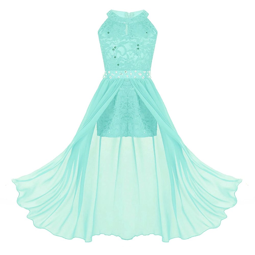 RUNQHUI Kids Girls Sleeveless Floral Lace Shiny Rhinestone Dress Ruffle Wedding Prom Ball Gown Formal Wear Mint 12 Years