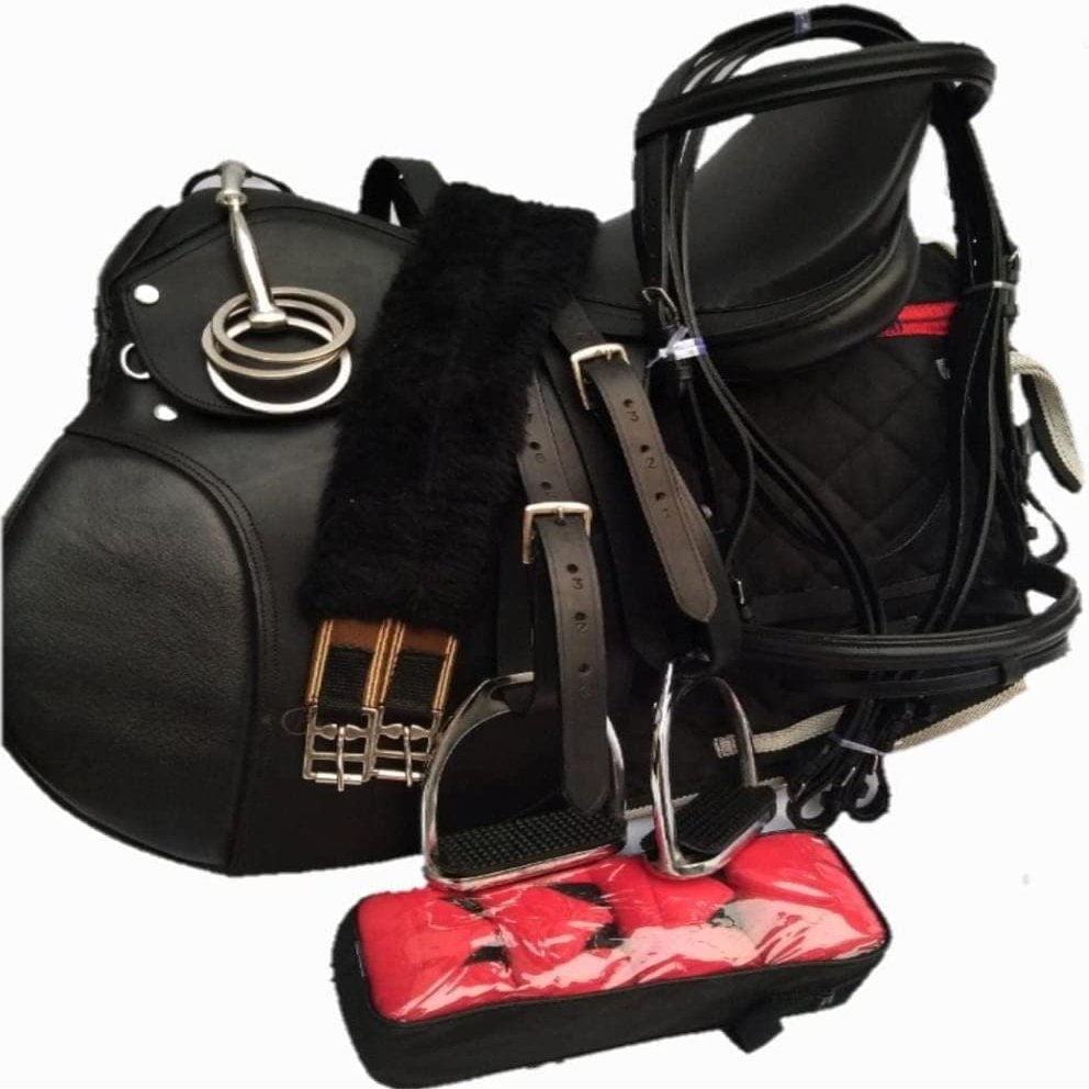 Lussoro Leather English Saddle Riding Horse Saddle Starter Kit for Horse Riding Gift Set Black Saddle 8 pcs Pack (Size19)