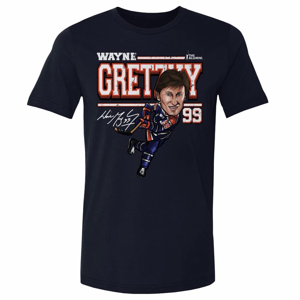 500 LEVEL Wayne Gretzky Shirt (Cotton, XXX-Large, True Navy) - Wayne Gretzky Edmonton Cartoon WHT
