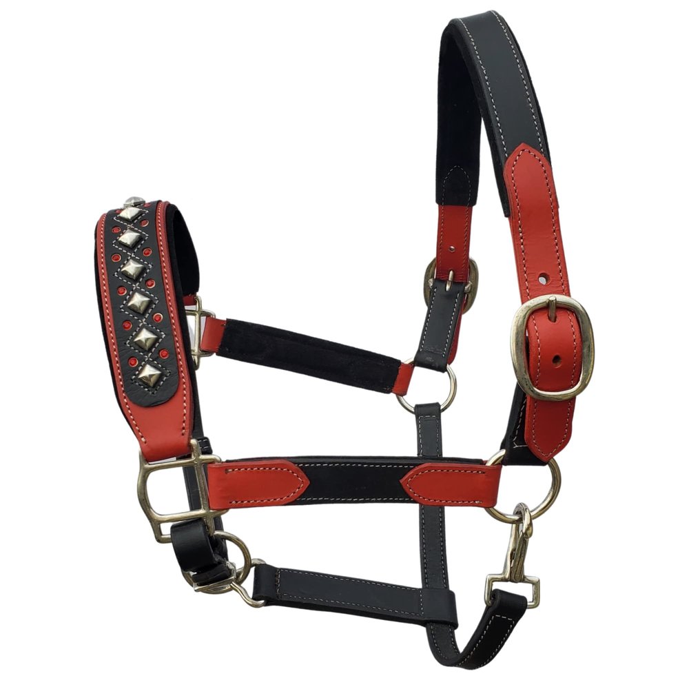 BlazingPaws Darlington Luxury Leather Horse Show Halter in Premium Bridle Leather with Soft Suede Leather Padding and Fancy Western Design (Full Size, Red/Black)