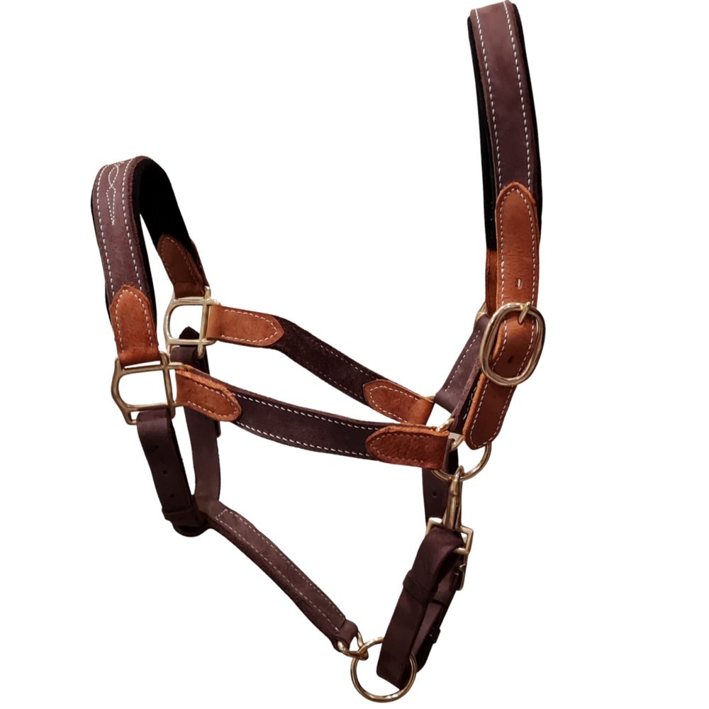 BlazingPaws Vibrania Padded Leather Horse Halter in Two Tone Super Soft Premium Distressed Leather with Solid Brass Hardware (Full Size, Brown)
