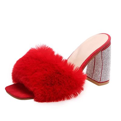 DMBHY Slippers Womens Slip on Fluffy Slippers Chunky Heel Platform Slippers Rhinestone Open Toe Sandals Shoes (Color : Red, Size : 11 US)
